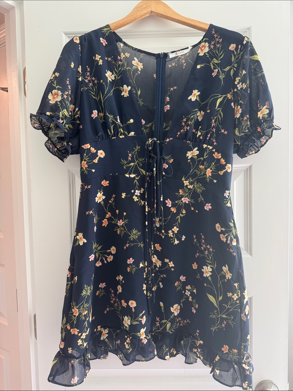Navy Floral Tie-Front Short Sleeve Mini Dress